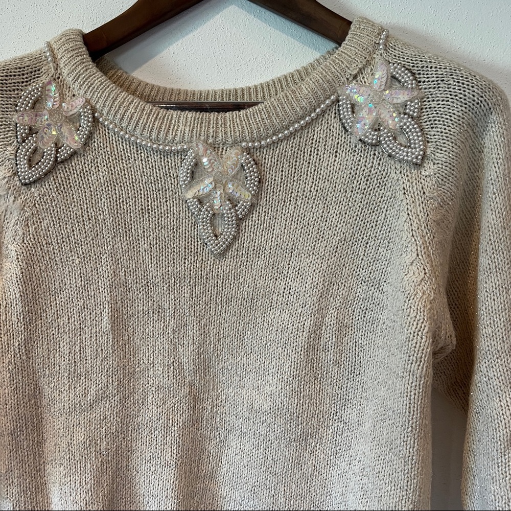 Vintage Extra Energy Beaded Collar Sequin Star Detail 3/4 Sleeve Sweater - Picture 4 of 10
